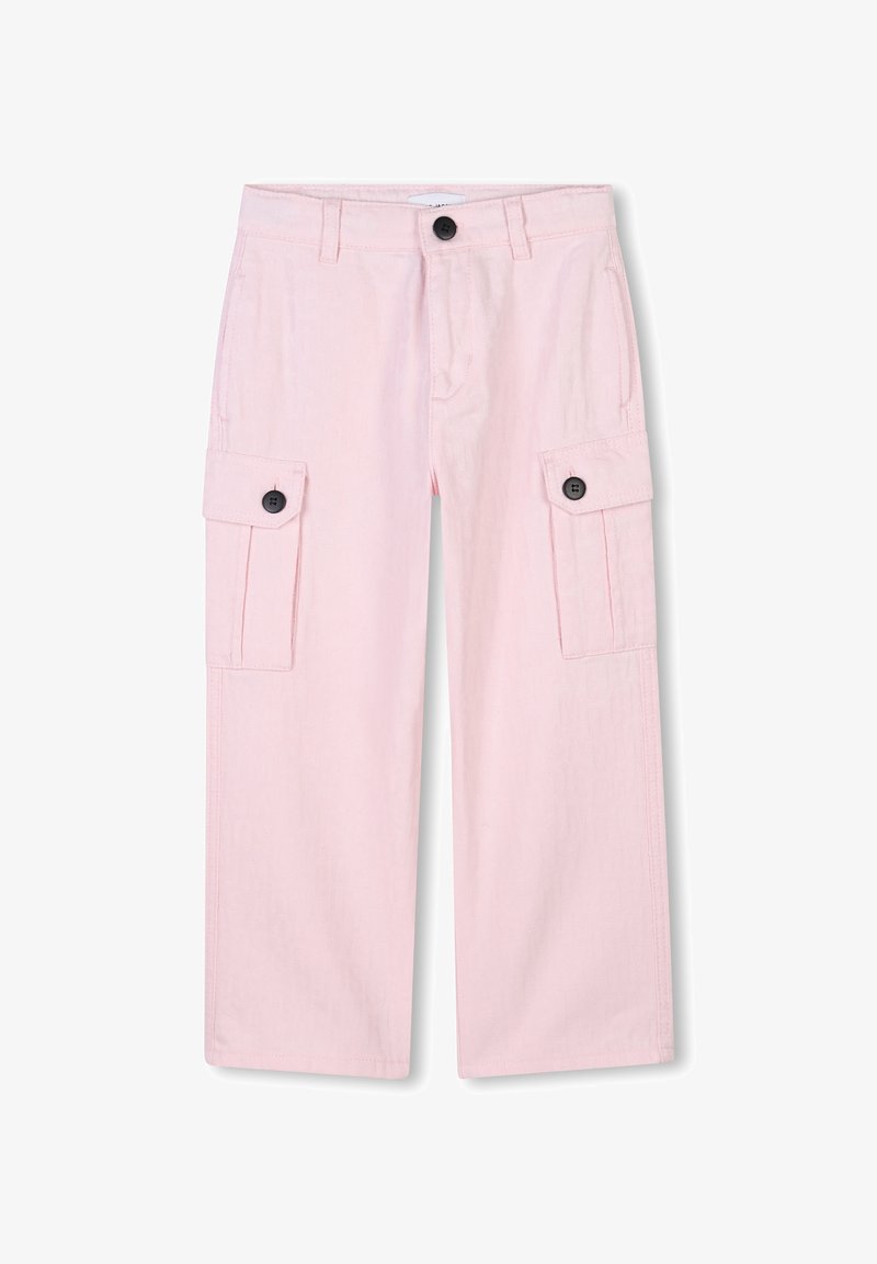 Lichtroze cargobroek van katoen, met twee zijzakken, twee knoopsluitingen en een wijdvallend ontwerp met subtiele textuur.