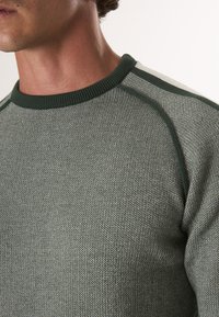 Groene gebreide trui met een gestructureerd patroon, voorzien van een geribbelde kraag en contrasterende schouderpanelen. Close-up van de halslijn.