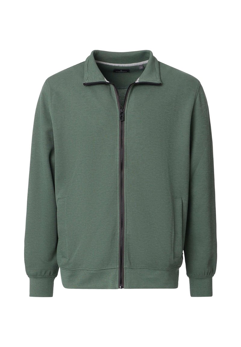 Grüne Reißverschlussjacke mit strukturierter Stoffoberfläche, hohem Kragen und gerippten Bündchen. Verfügt über einen zentralen Reißverschluss und Seitentaschen zur Aufbewahrung.