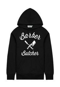 Felpa nera con cappuccio realizzata in materiale morbido, dotata di tasca frontale, grande testo bianco "Barber Butcher" e disegni di rasoi incrociati.