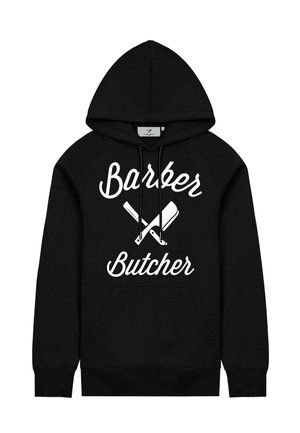 Czarna bluza z kapturem uszyta z miękkiego materiału, z przednią kieszenią, dużym białym napisem "Barber Butcher" oraz skrzyżowanymi wzorami brzytew.