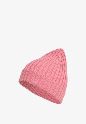 Roze gebreide beanie muts met een geribbelde textuur, voorzien van een puntige top en een opgerolde rand aan de onderkant.