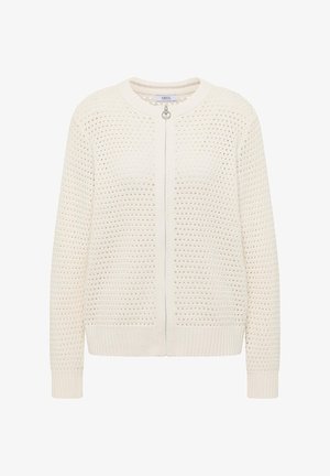 Cardigan en tricot couleur crème avec manches longues, poignets et ourlet côtelés, doté d'une fermeture éclair intégrale à l'avant avec un tirette circulaire.