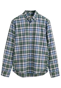 Karierte Hemd in Grüntönen, Blau und Weiß. Mit Button-down-Kragen, langen Ärmeln und einer Brusttasche. Aus Baumwollmaterial.