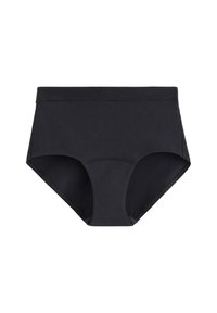 Slip neri a vita alta realizzati in un tessuto liscio e elasticizzato. Presentano un sottile elastico in vita e un design senza cuciture. Nessun motivo o accentuazione visibile.