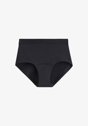 Mustia korkean vyötärön alushousuja, jotka on valmistettu sileästä, joustavasta kankaasta. Ominaisuuksina on huomaamaton vyötärönauha ja saumaton muotoilu. Ei näkyviä kuvioita tai yksityiskohtia.