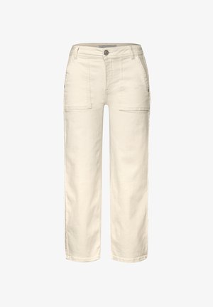 Pantalones de pierna ancha beige fabricados en suave algodón, que cuentan con dos bolsillos frontales y un cierre de botón en la cinturilla.