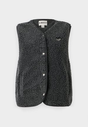 Gilet smanicato in sherpa fleece grigio scuro con bottoni a pressione sul davanti, tasche laterali e piccolo logo ricamato sul petto.