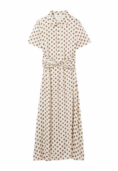 Abito midi a maniche corte color crema con stampa floreale rossa, scollo con colletto, bottoni sul davanti, cintura in vita e spacco laterale.