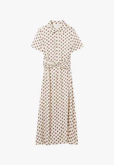 Abito midi a maniche corte color crema con stampa floreale rossa, scollo con colletto, bottoni sul davanti, cintura in vita e spacco laterale.