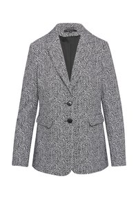 Hahnentritt-Blazer mit Reverskragen, zwei Vorderseiten-Taschen, zwei schwarzen Knöpfen und einer gemusterten Textur in Grau- und Weißtönen.