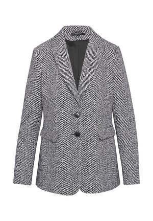 Houndstooth blazer with a notched collar, two front pockets, two black buttons, and a patterned texture in gray and white tones.