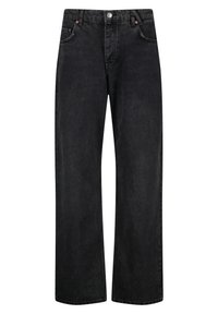 Black denim trousers with a straight-leg design, featuring two front pockets, a button closure, and subtle stitching accents.