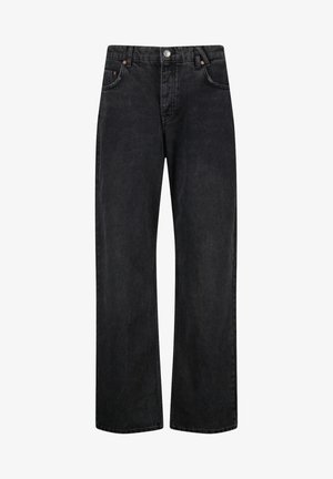 Black denim trousers with a straight-leg design, featuring two front pockets, a button closure, and subtle stitching accents.