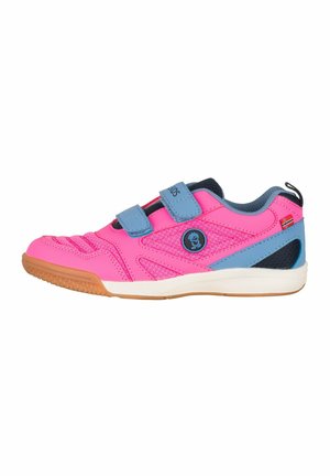 Child’s bright pink and blue sneaker with two blue velcro straps and a brown rubber sole, shown from the outer side.