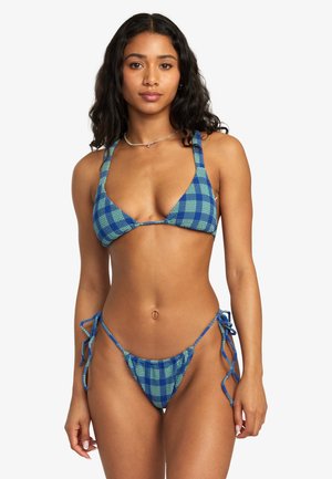 Bikini set in blue and green plaid design. Top features triangular cups and thick straps; bottom has adjustable side ties. Smooth texture.