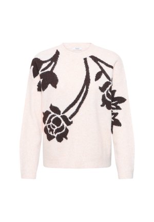 Pull rose clair avec de grands motifs de roses et de feuilles marron foncé sur le devant et les manches, avec un col rond et des manches longues.