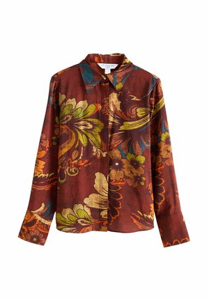 Camicia a maniche lunghe in tessuto bordeaux con motivo floreale in giallo, verde e arancione. Presenta un colletto classico e polsini con bottoni.