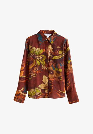 Camicia a maniche lunghe in tessuto bordeaux con motivo floreale in giallo, verde e arancione. Presenta un colletto classico e polsini con bottoni.