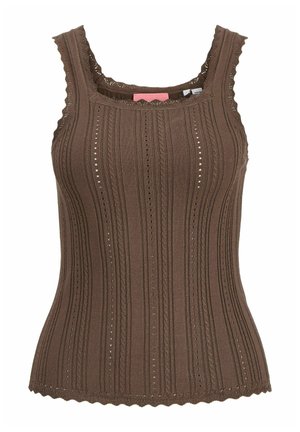 Barna kötött ujjatlan felső függőleges kötött mintákkal és lyukasztott díszítéssel, négyzet alakú nyakkivágással, fodros szegélyekkel a pántokon és az alján.