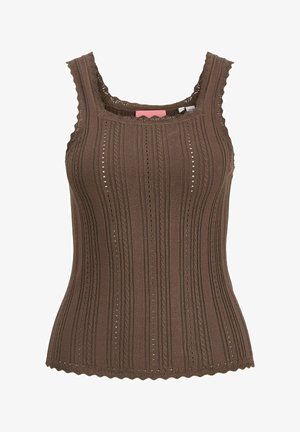 Barna kötött ujjatlan felső függőleges kötött mintákkal és lyukasztott díszítéssel, négyzet alakú nyakkivágással, fodros szegélyekkel a pántokon és az alján.