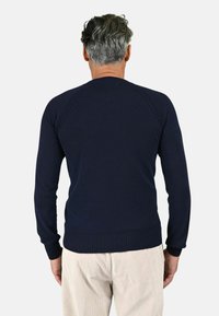 Maglione a maglia blu navy con maniche lunghe, polsini e orlo a costine, caratterizzato da una texture liscia e un design a manica raglan.
