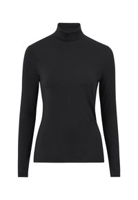 Schwarzes Langarm-Turtleneck-Oberteil mit taillierter Silhouette und glattem Stoff, auf einem weißen Hintergrund präsentiert.