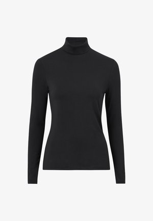 Black long-sleeve turtleneck top with fitted silhouette and smooth fabric, displayed on a white background.