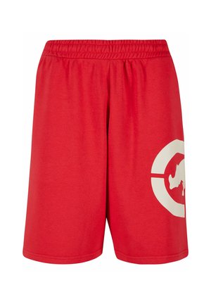 Red cotton shorts with an elastic waistband, featuring a large white graphic design on the left leg and a smooth texture.
