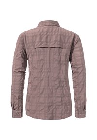 Light purple shirt with a back yoke, button cuffs, and a subtle check pattern. Made of smooth fabric with a slightly wrinkled texture.