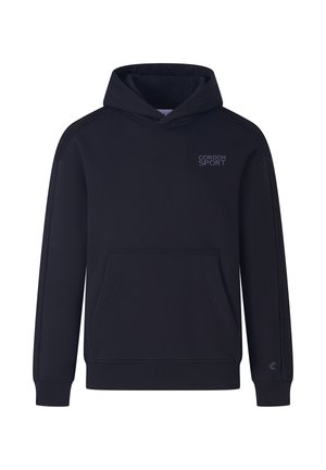 Black hoodie with a kangaroo pocket and ribbed cuffs, featuring a subtle "CORDON SPORT" logo on the chest. Smooth material with a relaxed fit.