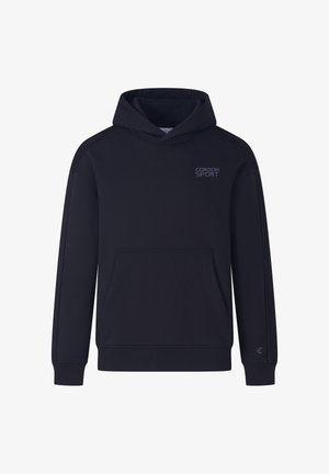 Schwarzer Hoodie mit Kängurutasche und gerippten Bündchen, der ein dezentes "CORDON SPORT"-Logo auf der Brust trägt. Glattes Material mit lockerer Passform.
