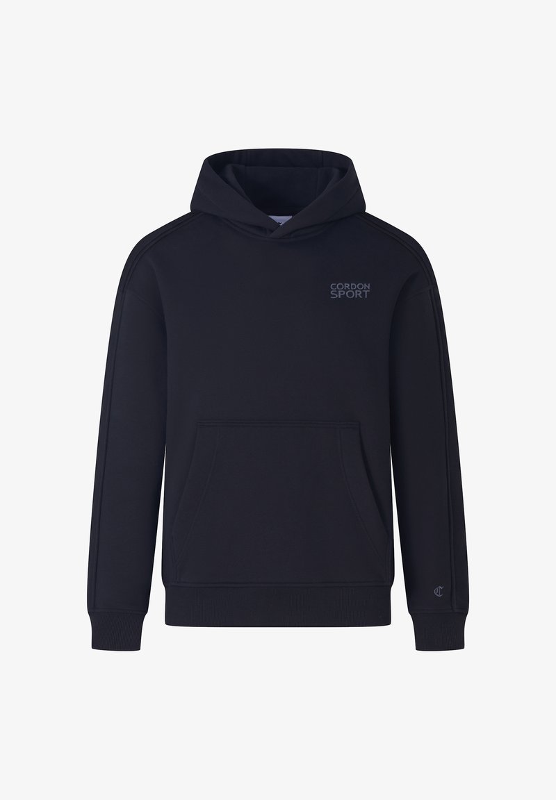 Schwarzer Hoodie mit Kängurutasche und gerippten Bündchen, der ein dezentes "CORDON SPORT"-Logo auf der Brust trägt. Glattes Material mit lockerer Passform.