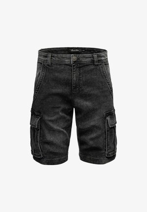 Black denim cargo shorts featuring side pockets, a classic fit, and a zipper fly. Fabric has a faded texture and reinforced stitching.