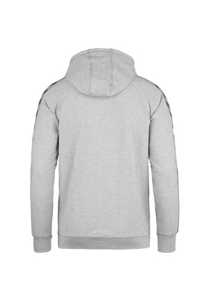 Grå hætte sweatshirt med lange ærmer, der har kontrasterende mørke side-striber. Blødt, tekstureret stof med en afslappet pasform og justerbar hætte.