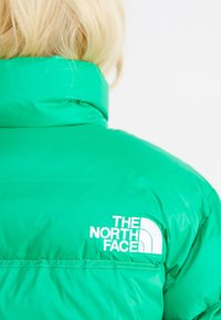 Giacca puffer verde con colletto alto, caratterizzata dal logo bianco "The North Face". Texture liscia e design trapuntato.