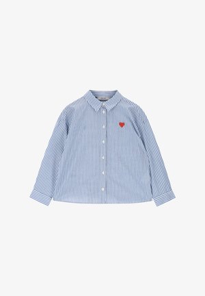 Striped blue button-up shirt with a collar, long sleeves, and a red heart embroidery on the left chest, made of lightweight fabric.