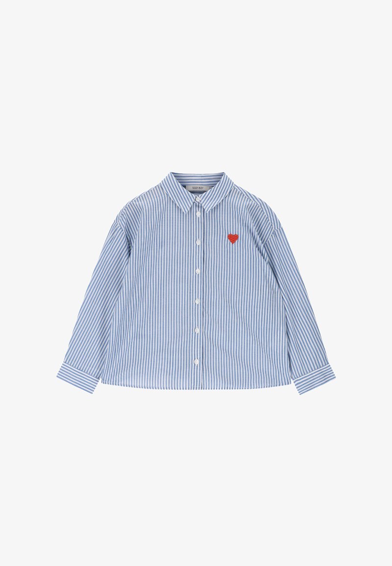 Striped blue button-up shirt with a collar, long sleeves, and a red heart embroidery on the left chest, made of lightweight fabric.