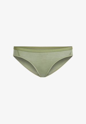 Olivgrön bikiniunderdel tillverkad av mjukt, elastiskt material, med en sömlös design, en midja i medelhöjd och matchande midjeband.