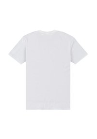 Plain hvid T-shirt med kortærmer vist fra ryggen med rund halsudskæring på en hvid baggrund.