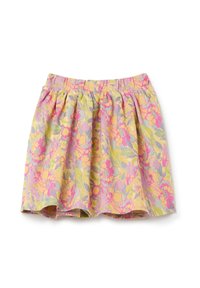 Gonna floreale con cintura elastica, caratterizzata da motivi multicolore in rosa, giallo e verde su uno sfondo chiaro. Tessuto tessurizzato.