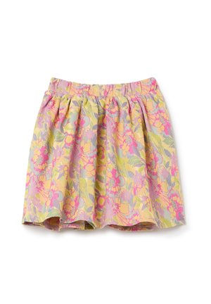 Jupe fleurie avec une ceinture élastique, présentant des motifs multicolores en rose, jaune et vert sur un fond clair. Tissu texturé.