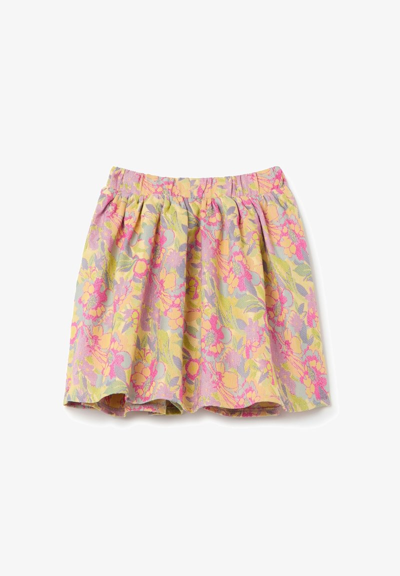 Falda floral con cintura elástica, que presenta patrones multicolores en tonos rosa, amarillo y verde sobre un fondo claro. Tejido texturizado.