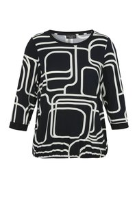 Schwarze Bluse mit langen Ärmeln, weißen abstrakten geometrischen Linienmustern und einem runden Ausschnitt, elastischem Saum und geknöpften Ärmeln.