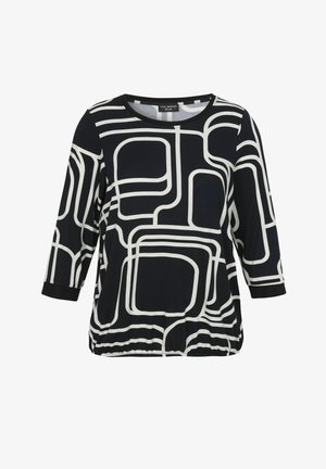 Schwarze Bluse mit langen Ärmeln, weißen abstrakten geometrischen Linienmustern und einem runden Ausschnitt, elastischem Saum und geknöpften Ärmeln.