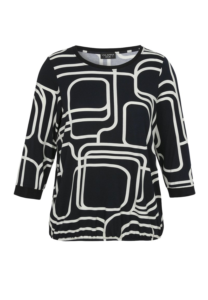 Schwarze Bluse mit langen Ärmeln, weißen abstrakten geometrischen Linienmustern und einem runden Ausschnitt, elastischem Saum und geknöpften Ärmeln.