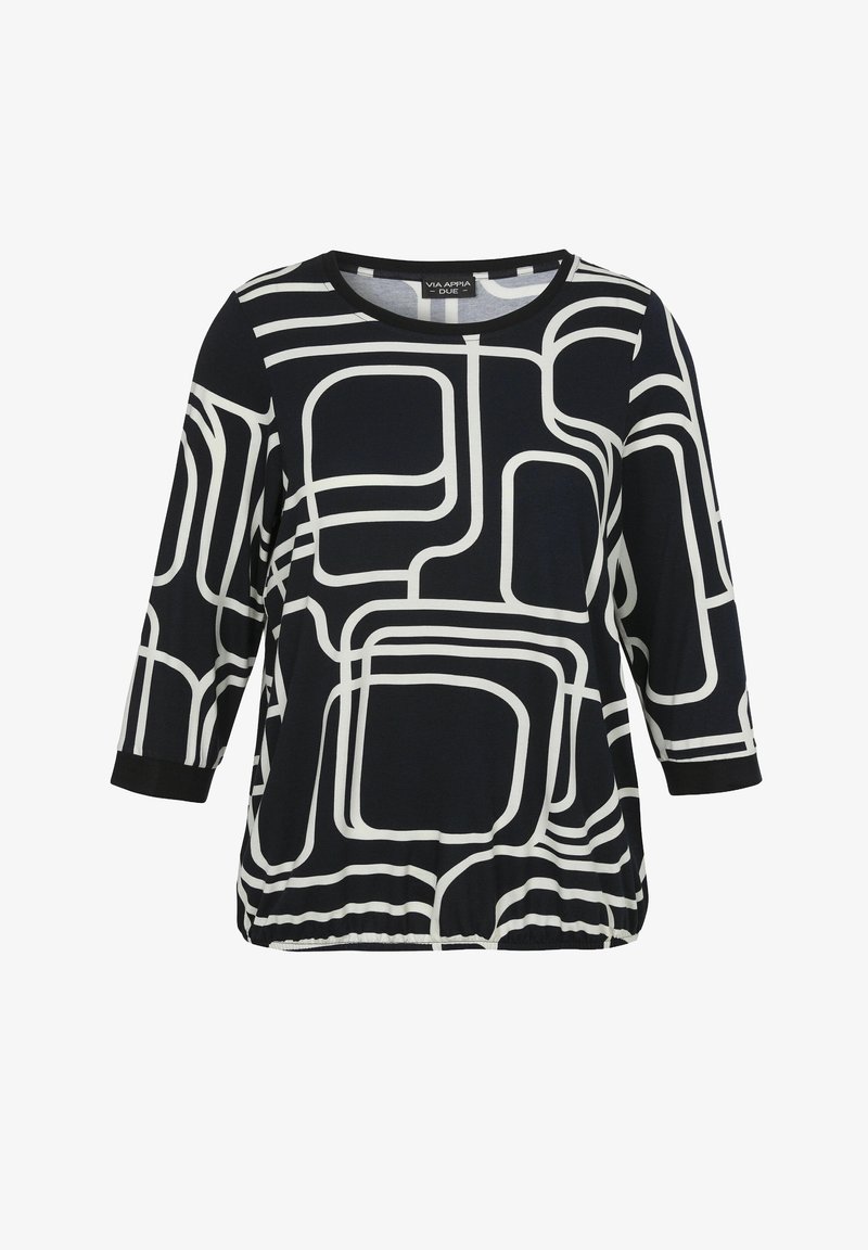 Schwarze Bluse mit langen Ärmeln, weißen abstrakten geometrischen Linienmustern und einem runden Ausschnitt, elastischem Saum und geknöpften Ärmeln.