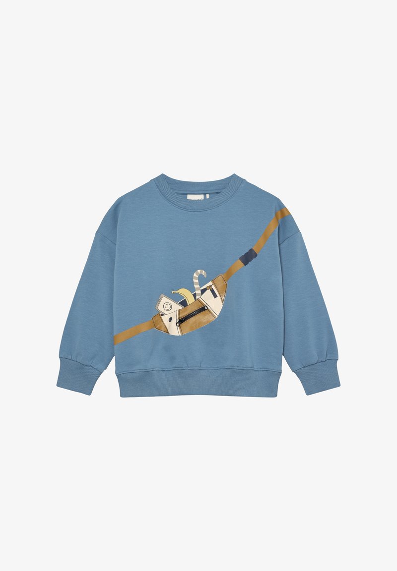 Felpa di cotone blu con un design a cartone animato di un gatto in una borsa, con accenti marroni e beige e polsini e orlo a coste.