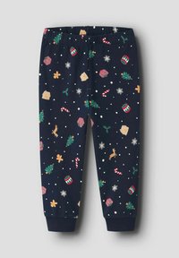 Pantalons de pyjama bleu marine avec des motifs festifs, y compris des sapins de Noël, des cannes de bonbon, des flocons de neige et des bonhommes en pain d'épice, taille élastique et poignets.