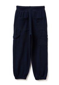 Marineblaue Jogginghosen aus weichem Material, mit elastischen Bündchen, einem Kordelzugbund und mehreren geräumigen Taschen.